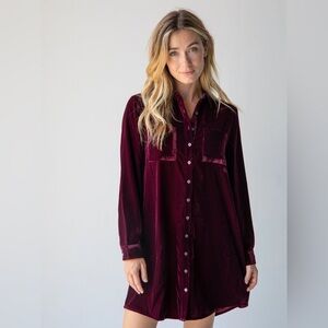 Natural Life Rocky Velvet Shirt Dress in Cranberry size Small
